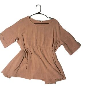 P. Cill Linen Blend‎ Waist Tie Peplum Minimalist Top Small Lagenlook Boho Blush